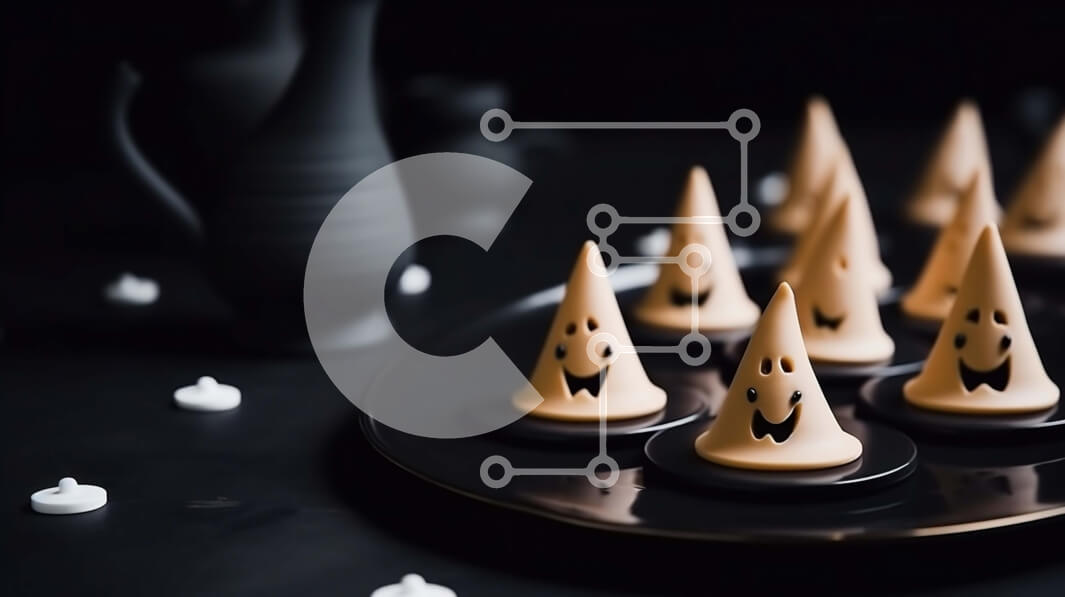 Σετ των 2 Intra Συλλεκτικό Ξύλινο Παζλ Plywood  4mm - Επιδόρπια με καπέλο μαγισσών με θέμα το Halloween σε μαύρο πιάτο Σε Ξύλινο Κουτί - Διαστάσεις: 10x10 cm – 25 κομμάτια