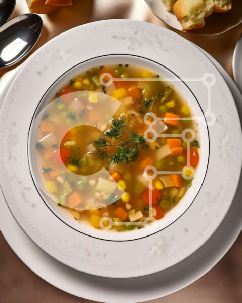 Σετ των 2 Intra Συλλεκτικό Ξύλινο Παζλ Plywood  4mm - Νόστιμη εικόνα της σούπας λαχανικών με ψωμί και βούτυρο στο πλάι Σε Ξύλινο Κουτί - Διαστάσεις: 10x10 cm – 25 κομμάτια