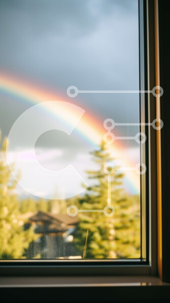 Σετ των 2 Intra Συλλεκτικό Ξύλινο Παζλ Plywood  4mm - Ουράνιο τόξο που φαίνεται μέσα από ένα παράθυρο με δέντρα και σπίτια στο βάθος Σε Ξύλινο Κουτί - Διαστάσεις: 10x10 cm – 25 κομμάτια