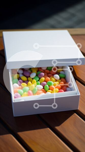 Intra Συλλεκτικό Ξύλινο Παζλ Plywood  4mm - Πολύχρωμα φασόλια ζελέ σε λευκό κουτί σε ξύλινο τραπέζι Σε Ξύλινο Κουτί - Διαστάσεις: 10x10 cm – 25 κομμάτια