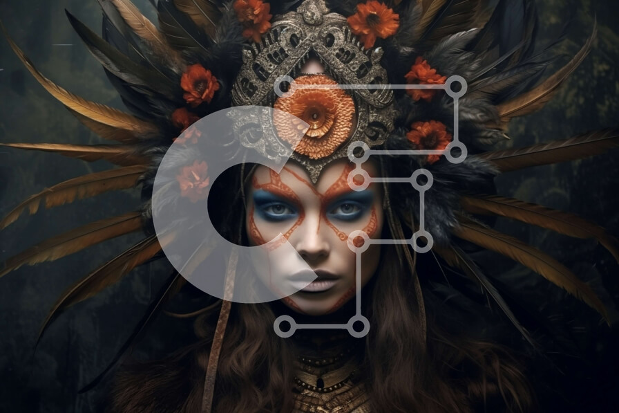 Intra Συλλεκτικό Ξύλινο Παζλ Plywood  4mm - Εκπληκτική εικόνα γυναίκας που φοράει φτερωτό κάλυμμα κεφαλής και βαφή προσώπου Σε Ξύλινο Κουτί - Διαστάσεις Puzzle: 10x10 cm – 25 κομμάτια