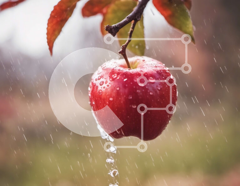 Intra Συλλεκτικό Ξύλινο Παζλ Plywood  4mm - Ώριμο κόκκινο μήλο που κρέμεται από το κλαδί δέντρου στη βροχή Σε Ξύλινο Κουτί - Διαστάσεις: 10x10 cm – 25 κομμάτια