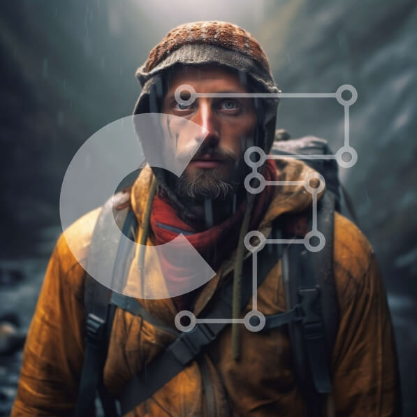 Intra Συλλεκτικό Ξύλινο Παζλ Plywood  4mm - Άνδρας με κίτρινο σακάκι και σακίδιο πλάτης που στέκεται μπροστά από έναν βραχώδη βράχο στη βροχή Σε Ξύλινο Κουτί - Διαστάσεις Puzzle: 10x10 cm – 25 κομμάτια