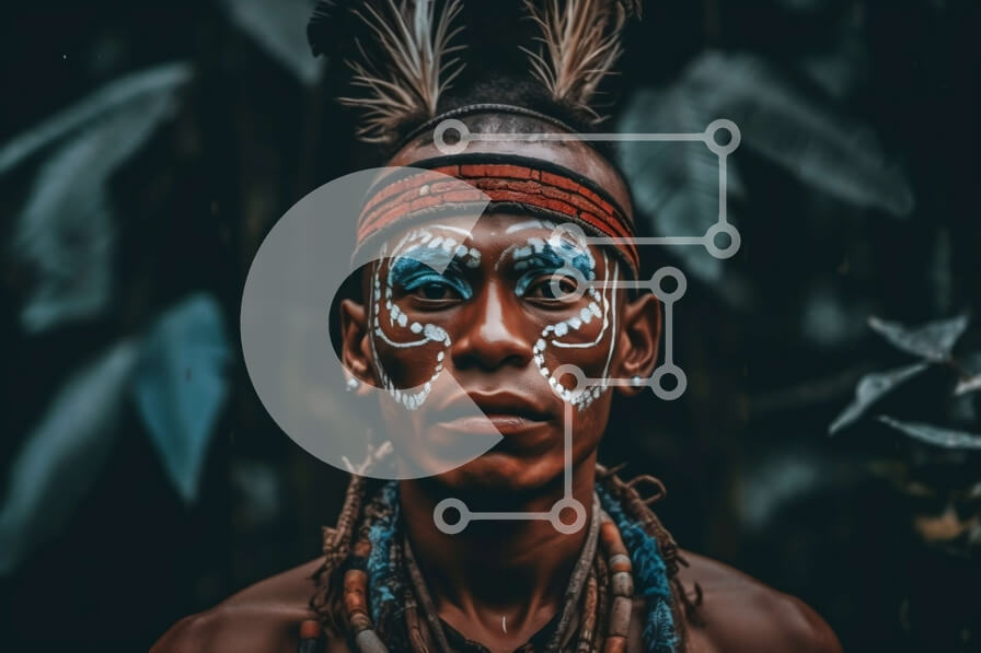 Intra Συλλεκτικό Ξύλινο Παζλ Plywood  4mm - Φυλετικός άνδρας με μπογιά προσώπου και φτερά στα μαλλιά του, φορώντας μια λούφα Σε Ξύλινο Κουτί - Διαστάσεις Puzzle: 10x10 cm – 25 κομμάτια