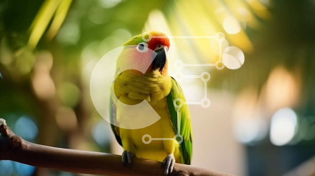 Σετ των 2 Intra Συλλεκτικό Ξύλινο Παζλ Plywood  4mm - Πράσινος και πορτοκαλί παπαγάλος σκαρφαλωμένος σε κλαδί βελανιδιάς Σε Ξύλινο Κουτί - Διαστάσεις: 10x10 cm – 25 κομμάτια