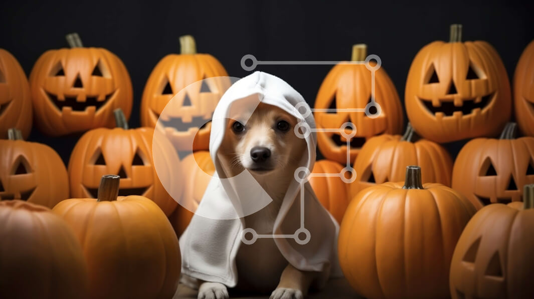 Σετ των 2 Intra Συλλεκτικό Ξύλινο Παζλ Plywood  4mm - Αξιολάτρευτο σκυλί με κοστούμι φαντασμάτων που περιβάλλεται από κολοκύθες Σε Ξύλινο Κουτί - Διαστάσεις: 10x10 cm – 25 κομμάτια