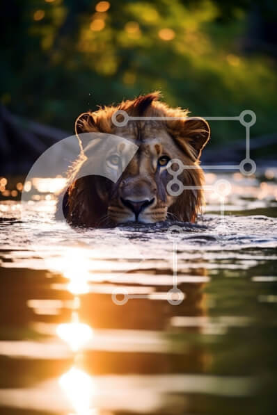 Σετ των 2 Intra Συλλεκτικό Ξύλινο Παζλ Plywood  4mm - Εκπληκτική εικόνα ενός λιονταριού που κολυμπά σε ένα ποτάμι στο ηλιοβασίλεμα Σε Ξύλινο Κουτί - Διαστάσεις: 10x10 cm – 25 κομμάτια