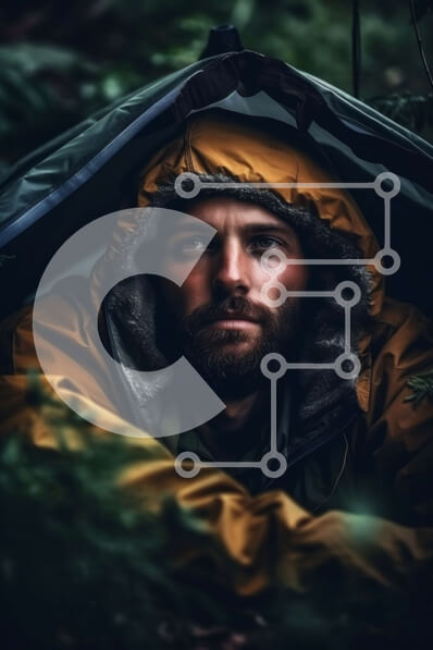 Intra Συλλεκτικό Ξύλινο Παζλ Plywood  4mm - Σοβαρός άντρας με κίτρινο αδιάβροχο και γένια στο δάσος Σε Ξύλινο Κουτί - Διαστάσεις Puzzle: 10x10 cm – 25 κομμάτια