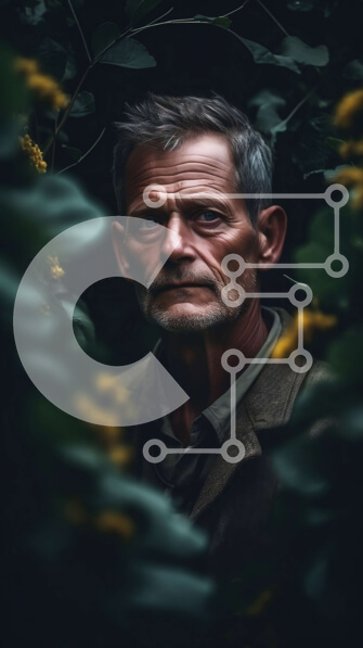 Intra Συλλεκτικό Ξύλινο Παζλ Plywood  4mm - Σοβαρός ηλικιωμένος με καφέ σακάκι που κοιτάζει μέσα από τα φύλλα ενός δέντρου Σε Ξύλινο Κουτί - Διαστάσεις Puzzle: 10x10 cm – 25 κομμάτια