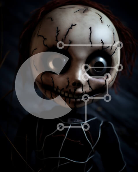 Intra Συλλεκτικό Ξύλινο Παζλ Plywood  4mm - Ανατριχιαστική κούκλα με μαύρα μαλλιά και κόκκινα μάτια Σε Ξύλινο Κουτί - Διαστάσεις Puzzle: 10x10 cm – 25 κομμάτια