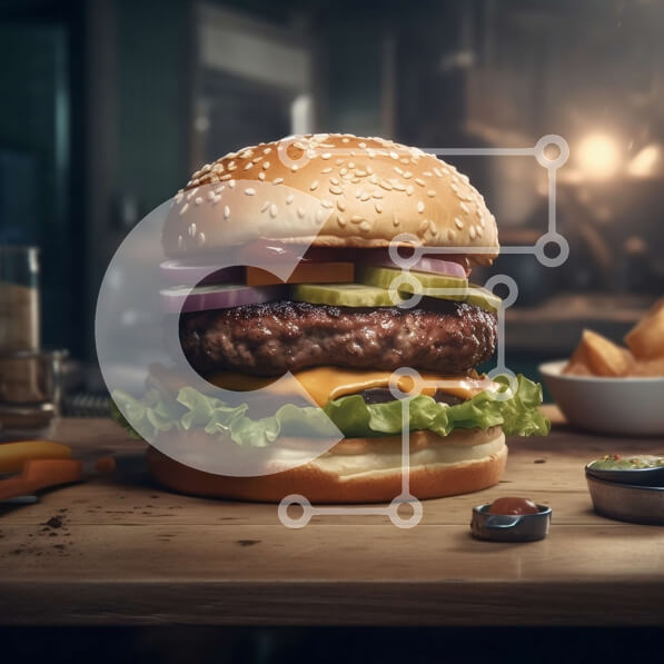 Σετ των 2 Intra Συλλεκτικό Ξύλινο Παζλ Plywood  4mm - Νόστιμο Cheeseburger με φρέσκα λαχανικά σε ξύλινο τραπέζι με θέα στην πόλη Σε Ξύλινο Κουτί - Διαστάσεις: 10x10 cm – 25 κομμάτια