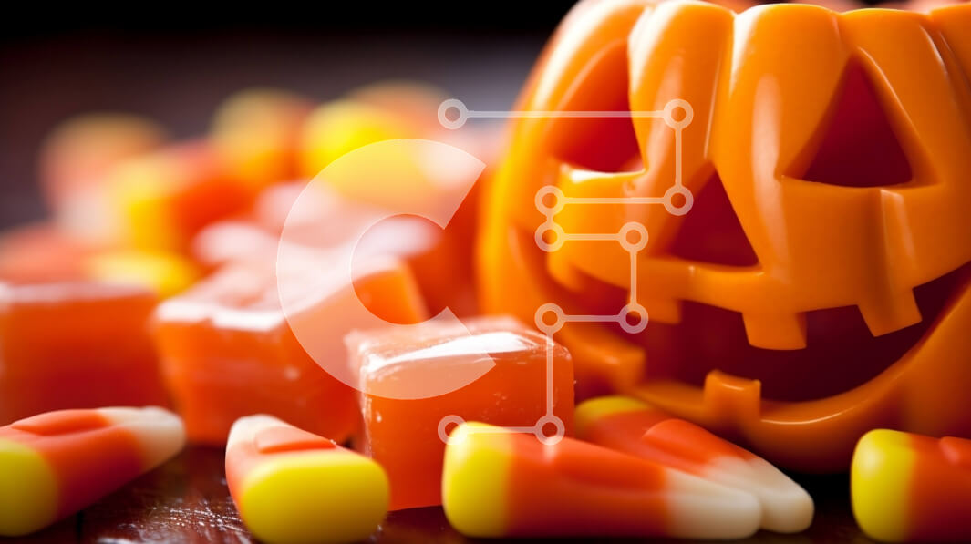 Intra Συλλεκτικό Ξύλινο Παζλ Plywood  4mm - Πορτοκαλί κολοκύθα περιτριγυρισμένη από Candy Corns και Jellybeans Σε Ξύλινο Κουτί - Διαστάσεις Puzzle: 10x10 cm – 25 κομμάτια