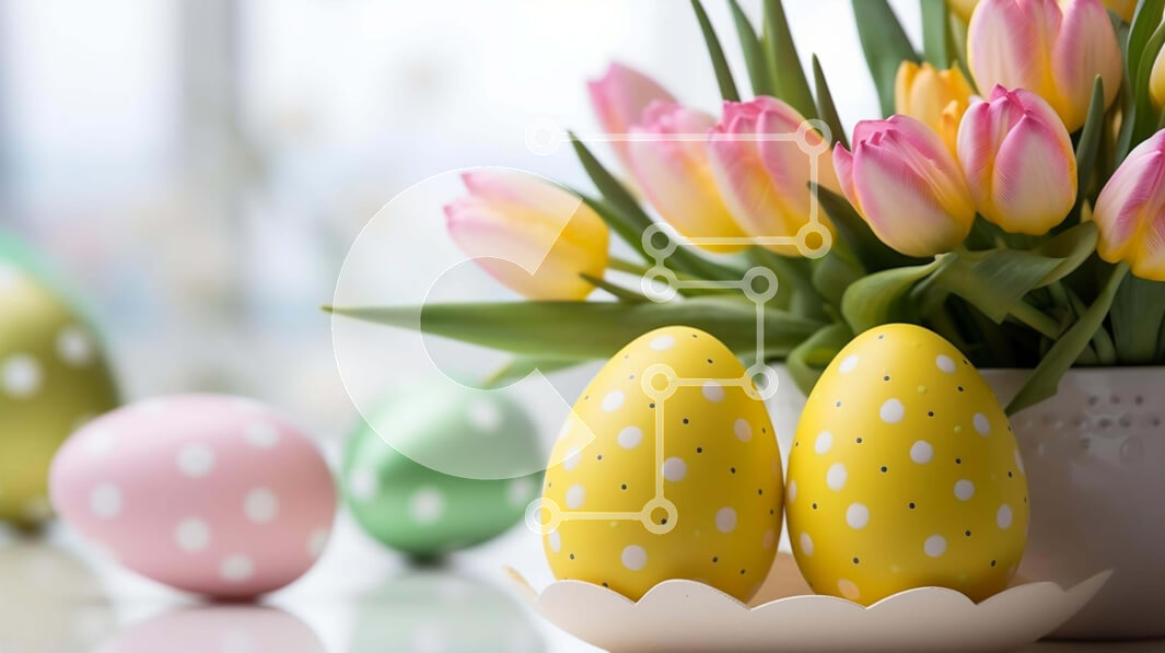 Intra Συλλεκτικό Ξύλινο Παζλ Plywood  4mm - Πασχαλινό τραπέζι με πολύχρωμα αυγά και τουλίπες Σε Ξύλινο Κουτί - Διαστάσεις: 10x10 cm – 25 κομμάτια