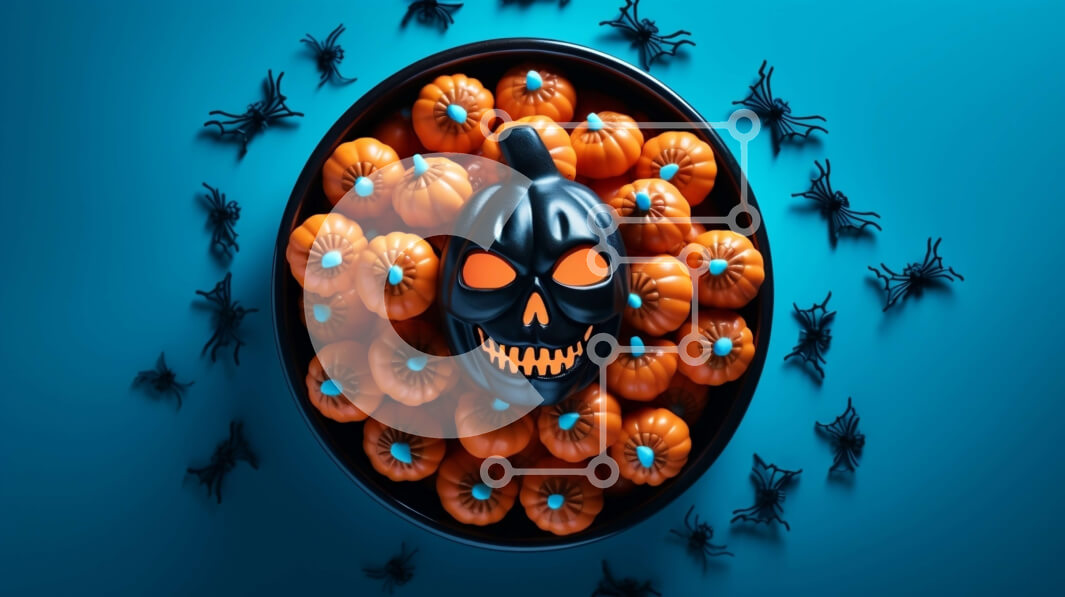 Intra Συλλεκτικό Ξύλινο Παζλ Plywood  4mm - Μαύρο κρανίο με λαμπερά πορτοκαλί μάτια που περιβάλλονται από κολοκύθες Σε Ξύλινο Κουτί - Διαστάσεις: 10x10 cm – 25 κομμάτια