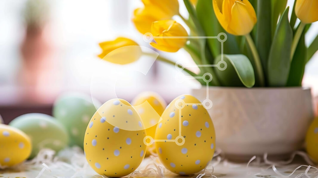 Intra Συλλεκτικό Ξύλινο Παζλ Plywood  4mm - Πολύχρωμα Πασχαλινά αυγά και κίτρινες τουλίπες σε ένα τραπέζι Σε Ξύλινο Κουτί - Διαστάσεις: 10x10 cm – 25 κομμάτια