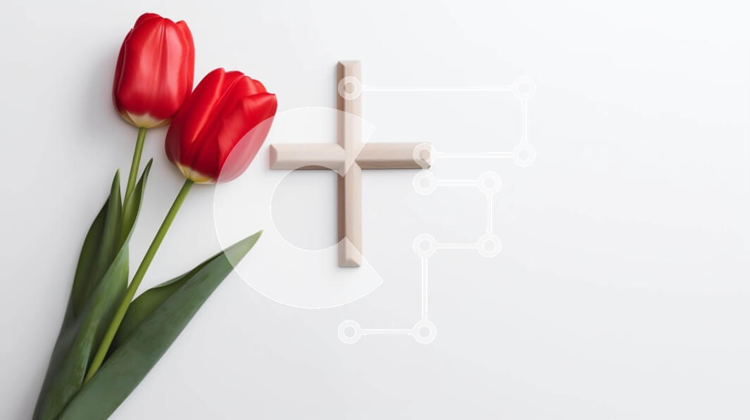 Intra Συλλεκτικό Ξύλινο Παζλ Plywood  4mm - Θρησκευτικό υπόβαθρο με σταυρό και κόκκινες τουλίπες Σε Ξύλινο Κουτί - Διαστάσεις Puzzle: 10x10 cm – 25 κομμάτια