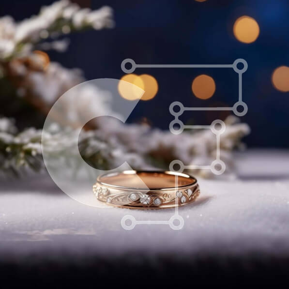 Σετ των 2 Intra Συλλεκτικό Ξύλινο Παζλ Plywood  4mm - Χρυσό γαμήλιο δαχτυλίδι σε φόντο νιφάδες χιονιού Σε Ξύλινο Κουτί - Διαστάσεις: 10x10 cm – 25 κομμάτια