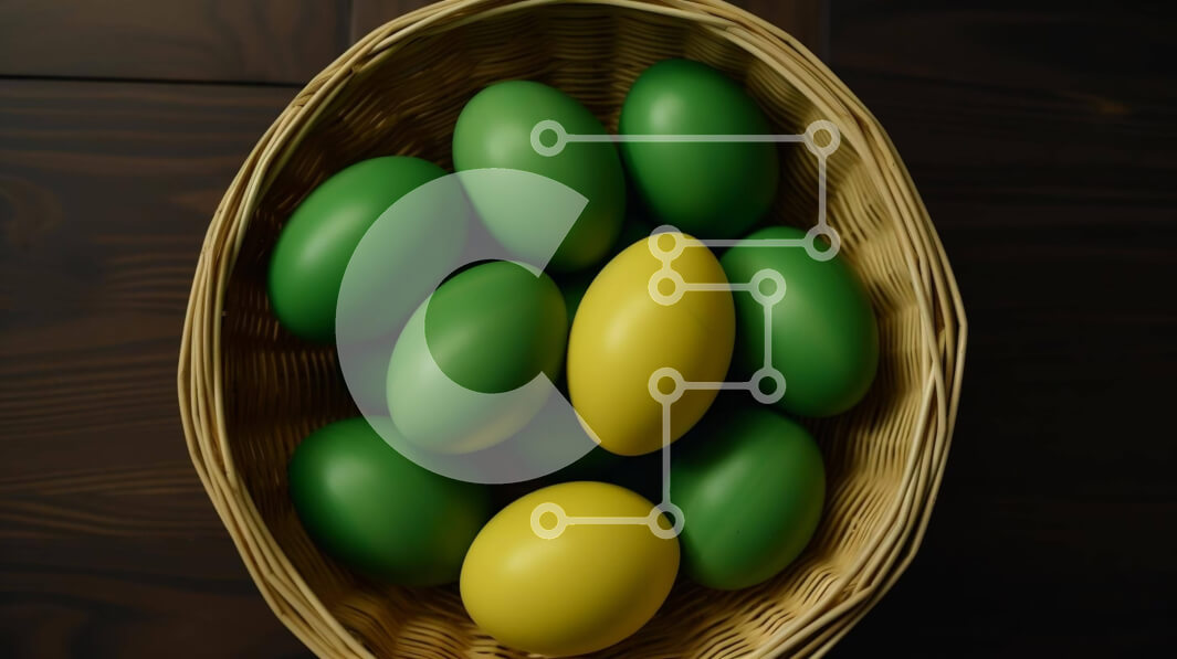 Intra Συλλεκτικό Ξύλινο Παζλ Plywood  4mm - Ψάθινο καλάθι με πράσινα και κίτρινα πασχαλινά αυγά σε ξύλινο τραπέζι Σε Ξύλινο Κουτί - Διαστάσεις: 10x10 cm – 25 κομμάτια