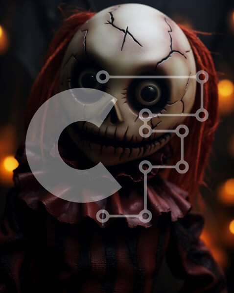 Intra Συλλεκτικό Ξύλινο Παζλ Plywood  4mm - Τρομακτική κούκλα με κόκκινα μαλλιά και μαύρα μάτια Σε Ξύλινο Κουτί - Διαστάσεις Puzzle: 10x10 cm – 25 κομμάτια