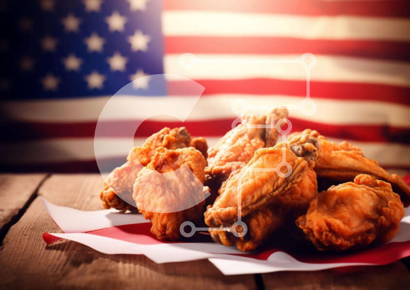 Σετ των 2 Intra Συλλεκτικό Ξύλινο Παζλ Plywood  4mm - Νόστιμα φτερά κοτόπουλου με φόντο αμερικανικής σημαίας Σε Ξύλινο Κουτί - Διαστάσεις: 10x10 cm – 25 κομμάτια