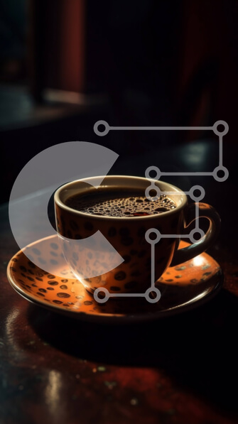 Intra Συλλεκτικό Ξύλινο Παζλ Plywood  4mm - Καφέ Κύπελλο με Λεοπάρ στάμπα σε ξύλινο τραπέζι με θέα στην πόλη τη νύχτα Σε Ξύλινο Κουτί - Διαστάσεις: 10x10 cm – 25 κομμάτια