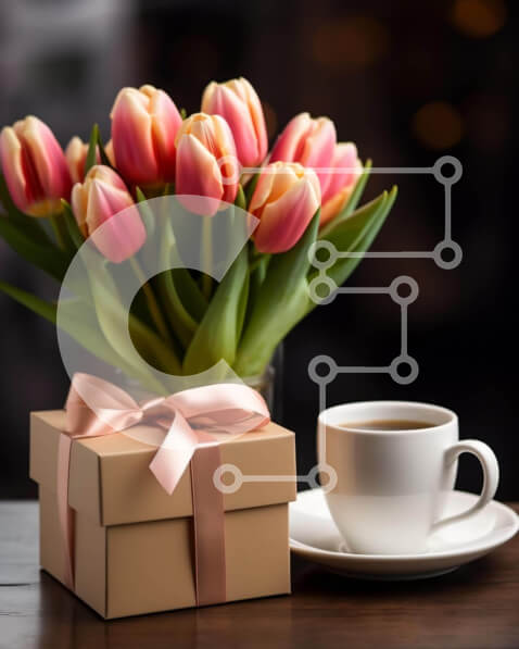 Intra Συλλεκτικό Ξύλινο Παζλ Plywood  4mm - Ανοιξιάτικος καφές και ιδέα δώρου με τουλίπες και ανοιχτό κουτί Σε Ξύλινο Κουτί - Διαστάσεις Puzzle: 10x10 cm – 25 κομμάτια