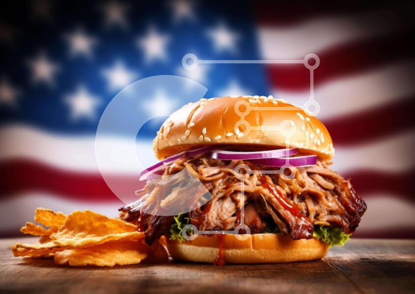 Σετ των 2 Intra Συλλεκτικό Ξύλινο Παζλ Plywood  4mm - Σάντουιτς τραβηγμένο χοιρινό με πατατάκια και αμερικανική σημαία Σε Ξύλινο Κουτί - Διαστάσεις: 10x10 cm – 25 κομμάτια