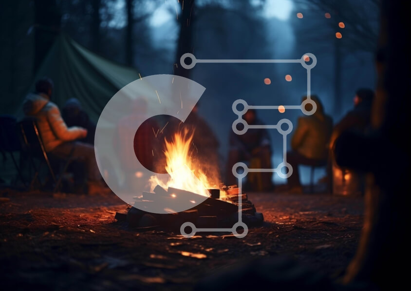 Intra Συλλεκτικό Ξύλινο Παζλ Plywood  4mm - Νυχτερινή κατασκήνωση στο δάσος με φωτιά και σκηνές Σε Ξύλινο Κουτί - Διαστάσεις: 10x10 cm – 25 κομμάτια