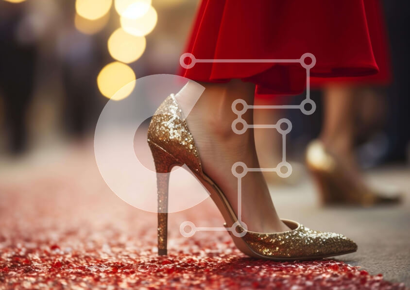 Intra Συλλεκτικό Ξύλινο Παζλ Plywood  4mm - Γυναίκα με κόκκινα και χρυσά ψηλοτάκουνα παπούτσια στο κόκκινο χαλί Σε Ξύλινο Κουτί - Διαστάσεις Puzzle: 10x10 cm – 25 κομμάτια