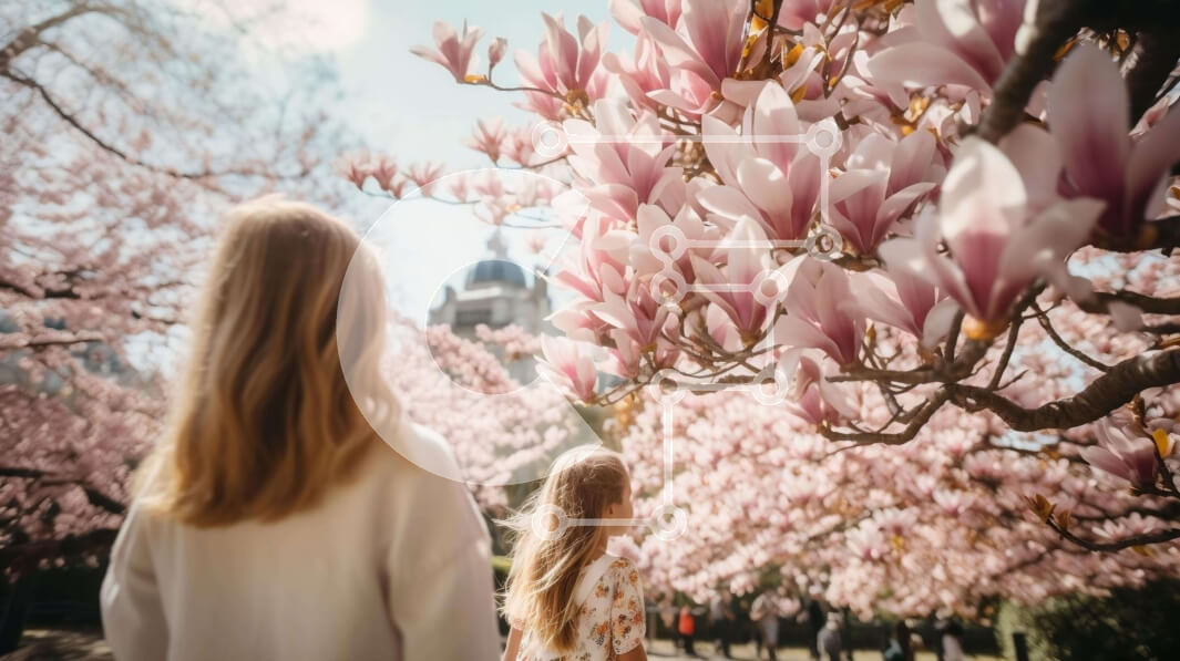 Intra Συλλεκτικό Ξύλινο Παζλ Plywood  4mm - Νεαρά κορίτσια που περπατούν κάτω από το ανθισμένο δέντρο μανόλιας Σε Ξύλινο Κουτί - Διαστάσεις: 10x10 cm – 25 κομμάτια