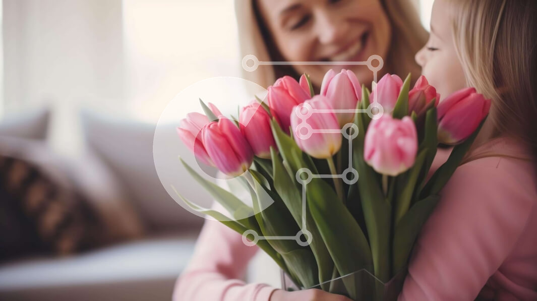 Intra Συλλεκτικό Ξύλινο Παζλ Plywood  4mm - Μητέρα και κόρη με ροζ τουλίπες Σε Ξύλινο Κουτί - Διαστάσεις Puzzle: 10x10 cm – 25 κομμάτια