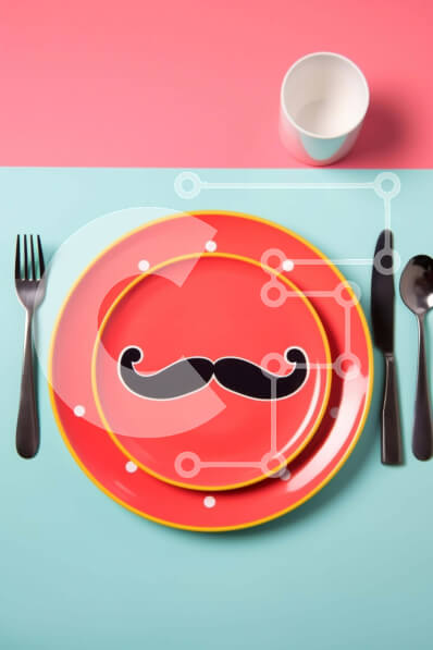 Σετ των 2 Intra Συλλεκτικό Ξύλινο Παζλ Plywood  4mm - Κόκκινο πιάτο με μαχαιροπίρουνα και πιάτο σε σχήμα μουστάκι στο τραπέζι Σε Ξύλινο Κουτί - Διαστάσεις: 10x10 cm – 25 κομμάτια