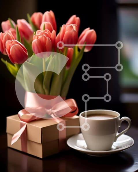 Intra Συλλεκτικό Ξύλινο Παζλ Plywood  4mm - Καφές και τουλίπες σε συσκευασία δώρου Σε Ξύλινο Κουτί - Διαστάσεις: 10x10 cm – 25 κομμάτια