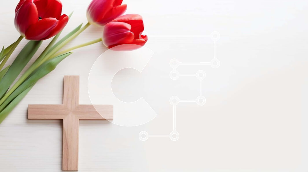 Intra Συλλεκτικό Ξύλινο Παζλ Plywood  4mm - Πασχαλινός σταυρός και κόκκινες τουλίπες στο λευκό τραπέζι Σε Ξύλινο Κουτί - Διαστάσεις Puzzle: 10x10 cm – 25 κομμάτια