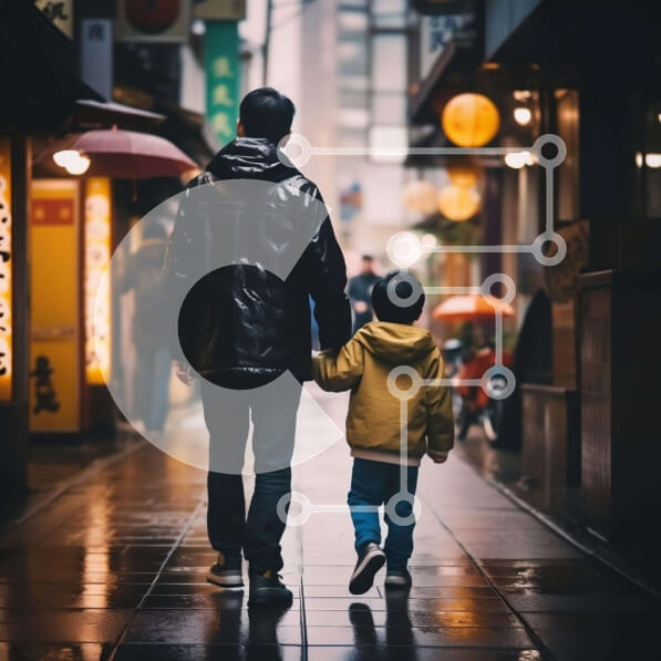 Intra Συλλεκτικό Ξύλινο Παζλ Plywood  4mm - Πατέρας και παιδί περπατούν στη βροχή με ομπρέλες Σε Ξύλινο Κουτί - Διαστάσεις Puzzle: 10x10 cm – 25 κομμάτια