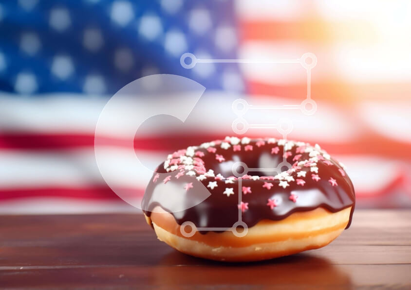 Σετ των 2 Intra Συλλεκτικό Ξύλινο Παζλ Plywood  4mm - Ντόνατ αμερικανικής σημαίας με σοκολατένια πασπαλίσματα σε ξύλινο τραπέζι Σε Ξύλινο Κουτί - Διαστάσεις: 10x10 cm – 25 κομμάτια