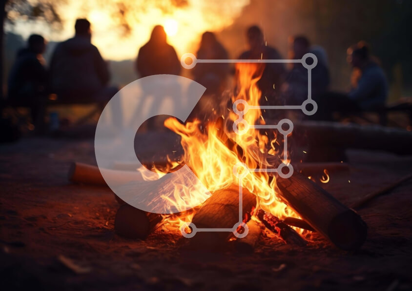 Intra Συλλεκτικό Ξύλινο Παζλ Plywood  4mm - Φωτιά στο δάσος στο ηλιοβασίλεμα με ανθρώπους Σε Ξύλινο Κουτί - Διαστάσεις: 10x10 cm – 25 κομμάτια