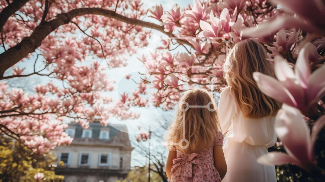 Intra Συλλεκτικό Ξύλινο Παζλ Plywood  4mm - Μητέρα και κόρη κάτω από την ανθισμένη μανόλια Σε Ξύλινο Κουτί - Διαστάσεις: 10x10 cm – 25 κομμάτια