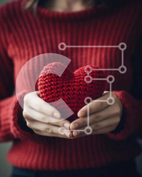 Intra Συλλεκτικό Ξύλινο Παζλ Plywood  4mm - Γυναίκα που κρατά πλεκτή κόκκινη καρδιά στα χέρια Σε Ξύλινο Κουτί - Διαστάσεις Puzzle: 10x10 cm – 25 κομμάτια