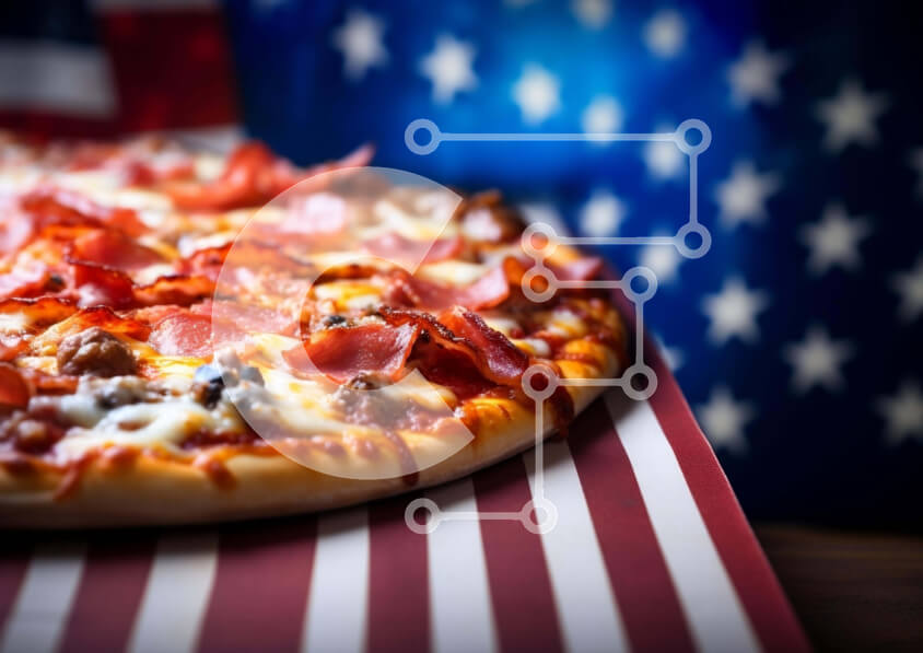 Σετ των 2 Intra Συλλεκτικό Ξύλινο Παζλ Plywood  4mm - Νόστιμη πίτσα σε τραπεζομάντιλο με αμερικανική σημαία Σε Ξύλινο Κουτί - Διαστάσεις: 10x10 cm – 25 κομμάτια