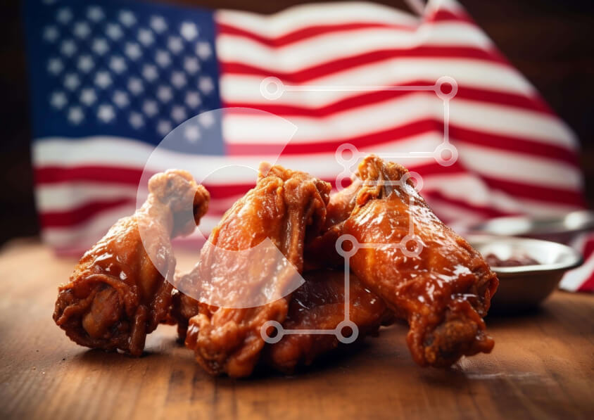 Σετ των 2 Intra Συλλεκτικό Ξύλινο Παζλ Plywood  4mm - Φτερούγες κοτόπουλου σε ξύλινο τραπέζι μπροστά από την αμερικανική σημαία Σε Ξύλινο Κουτί - Διαστάσεις: 10x10 cm – 25 κομμάτια