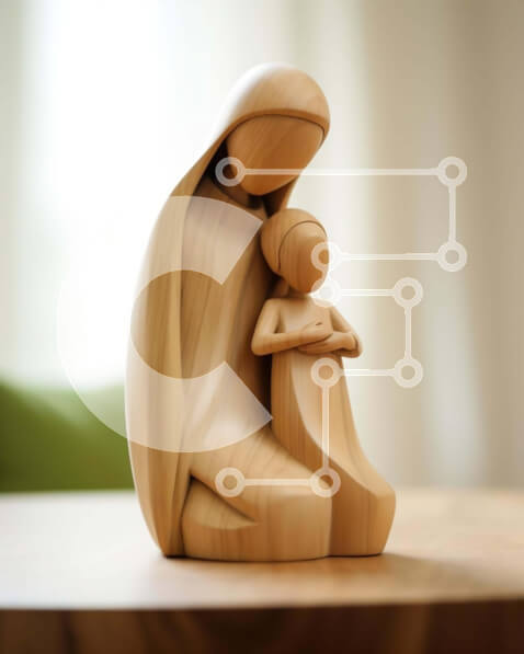 Intra Συλλεκτικό Ξύλινο Παζλ Plywood  4mm - Ξύλινο άγαλμα της Παναγίας και του παιδιού σε δρύινο τραπέζι Σε Ξύλινο Κουτί - Διαστάσεις Puzzle: 10x10 cm – 25 κομμάτια