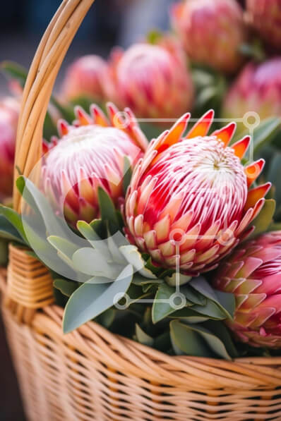 Σετ των 2 Intra Συλλεκτικό Ξύλινο Παζλ Plywood  4mm - Ψάθινο καλάθι με κόκκινα και λευκά λουλούδια Πρωτέας Σε Ξύλινο Κουτί - Διαστάσεις: 10x10 cm – 25 κομμάτια