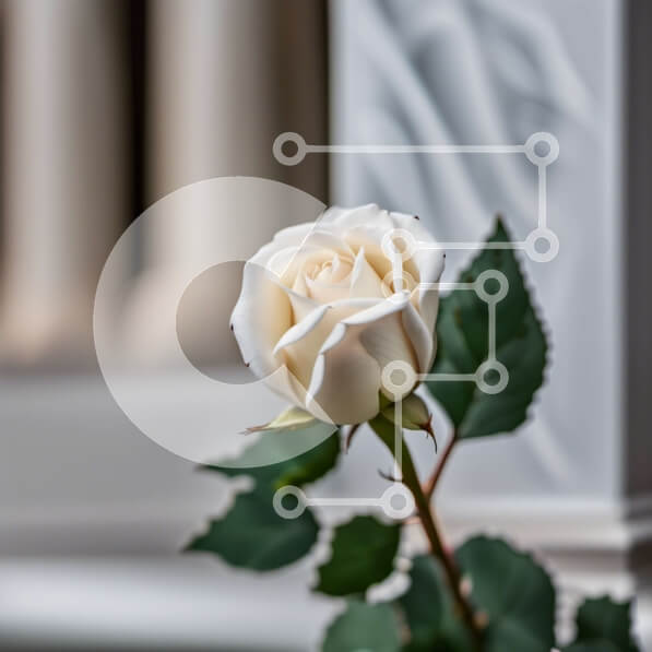 Intra Συλλεκτικό Ξύλινο Παζλ Plywood  4mm - Όμορφη εικόνα ενός λευκού τριαντάφυλλου σε ένα περβάζι με μαρμάρινες στήλες Σε Ξύλινο Κουτί - Διαστάσεις: 10x10 cm – 25 κομμάτια