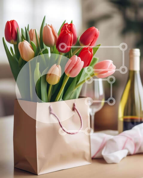 Intra Συλλεκτικό Ξύλινο Παζλ Plywood  4mm - Τουλίπες και κρασί για τον εορτασμό γενεθλίων ή επετείου Σε Ξύλινο Κουτί - Διαστάσεις: 10x10 cm – 25 κομμάτια