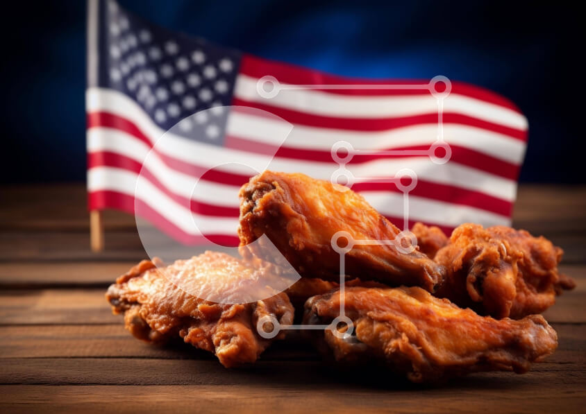 Σετ των 2 Intra Συλλεκτικό Ξύλινο Παζλ Plywood  4mm - Φρεσκομαγειρεμένες φτερούγες κοτόπουλου σε ξύλινο τραπέζι με αμερικανική σημαία Σε Ξύλινο Κουτί - Διαστάσεις: 10x10 cm – 25 κομμάτια