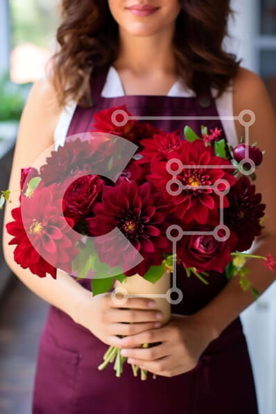 Intra Συλλεκτικό Ξύλινο Παζλ Plywood  4mm - Γυναίκα με κόκκινη ανθοδέσμη Ντάλιες Σε Ξύλινο Κουτί - Διαστάσεις Puzzle: 10x10 cm – 25 κομμάτια