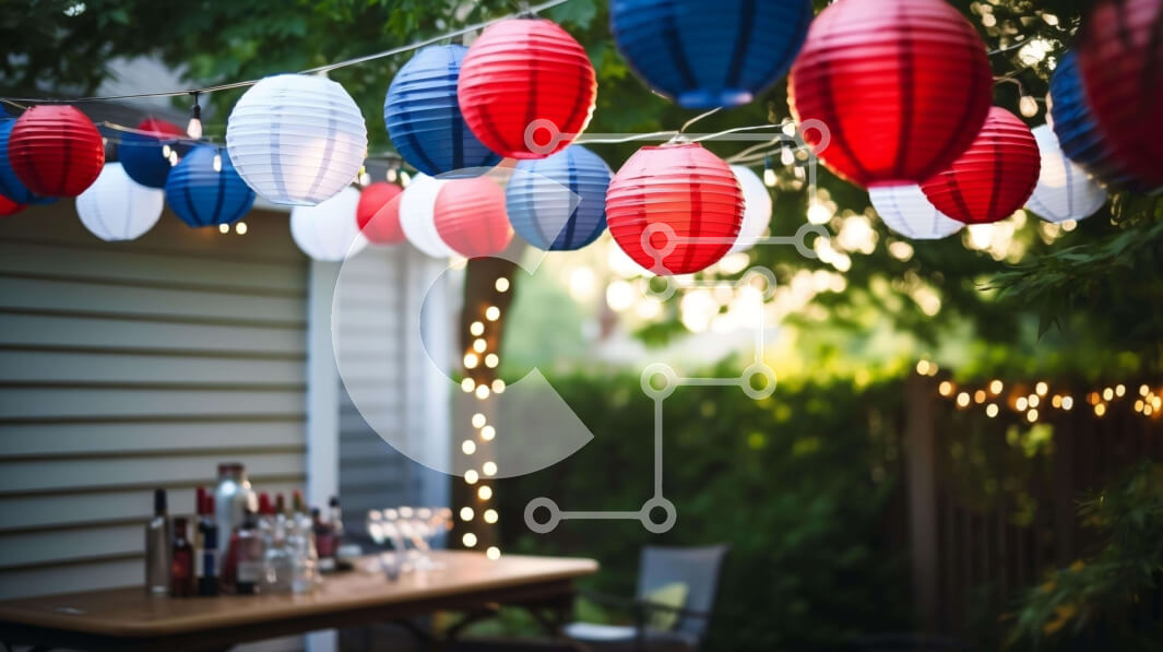 Intra Συλλεκτικό Ξύλινο Παζλ Plywood  4mm - Πάρτι της 4ης Ιουλίου με κόκκινα, λευκά και μπλε φανάρια Σε Ξύλινο Κουτί - Διαστάσεις: 10x10 cm – 25 κομμάτια