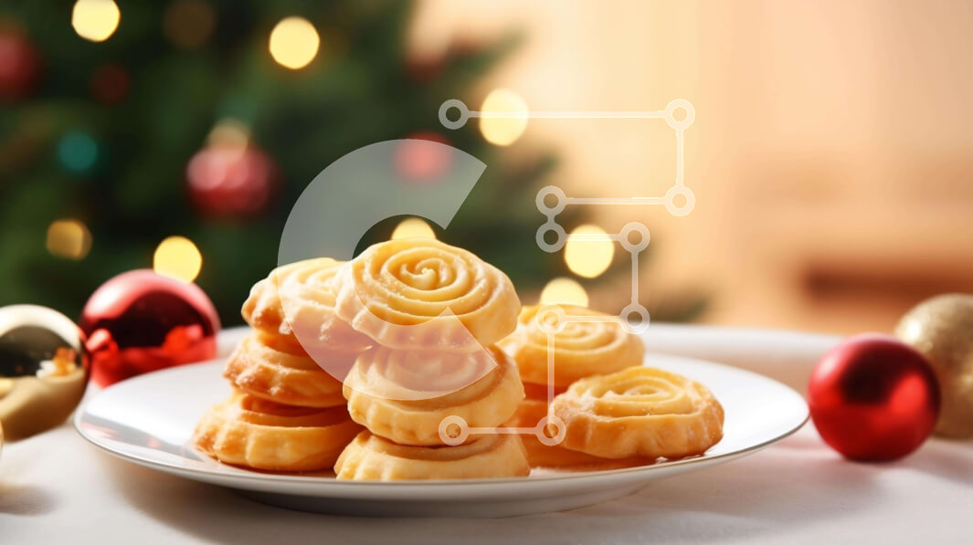 Intra Συλλεκτικό Ξύλινο Παζλ Plywood  4mm - Χριστουγεννιάτικα μπισκότα σε ένα πιάτο μπροστά από ένα στολισμένο χριστουγεννιάτικο δέντρο Σε Ξύλινο Κουτί - Διαστάσεις: 10x10 cm – 25 κομμάτια