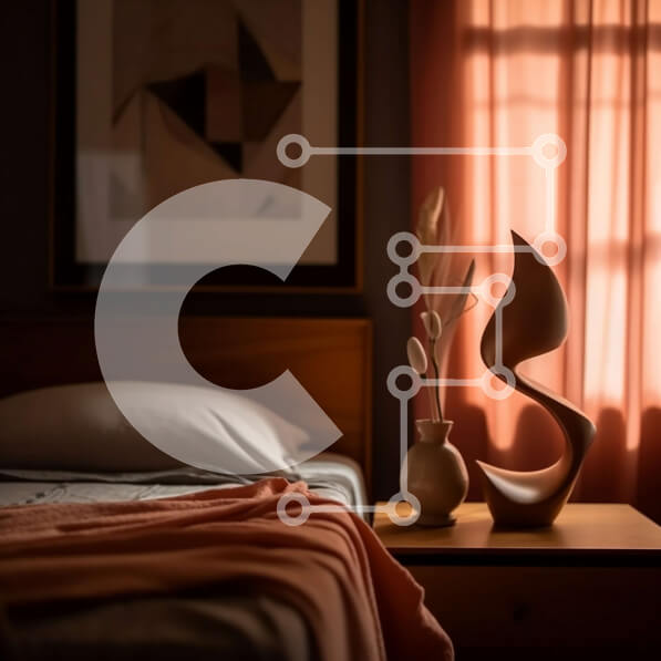 Intra Συλλεκτικό Ξύλινο Παζλ Plywood  4mm - Άνετη κρεβατοκάμαρα με το κρεβάτι, το κομοδίνο και το έργο τέχνης στον τοίχο Στοκ Φωτογραφία Σε Ξύλινο Κουτί - Διαστάσεις Puzzle: 10x10 cm – 25 κομμάτια